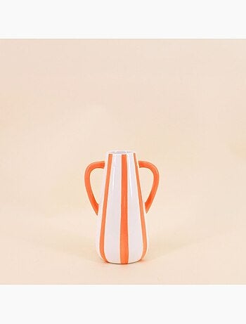 Vase en céramique rayé orange, blanc 2 anses, H18cm