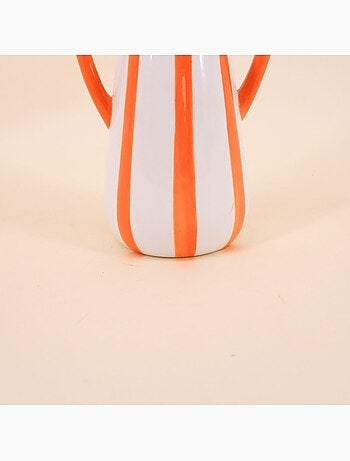 Vase en céramique rayé orange, blanc 2 anses, H18cm