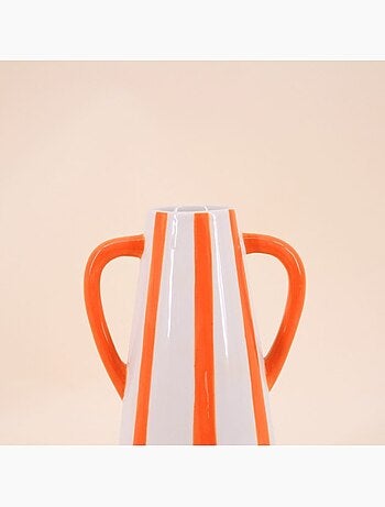 Vase en céramique rayé orange, blanc 2 anses, H18cm
