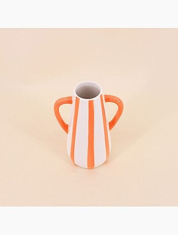 Vase en céramique rayé orange, blanc 2 anses, H18cm