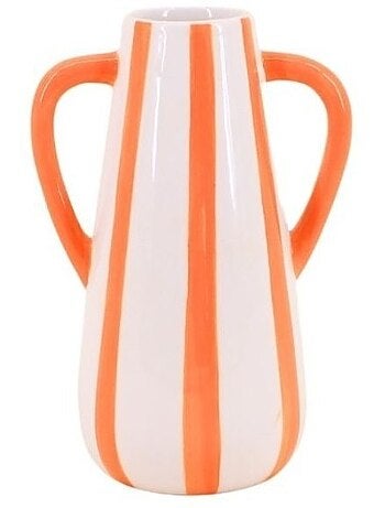 Vase en céramique rayé orange, blanc 2 anses, H18cm