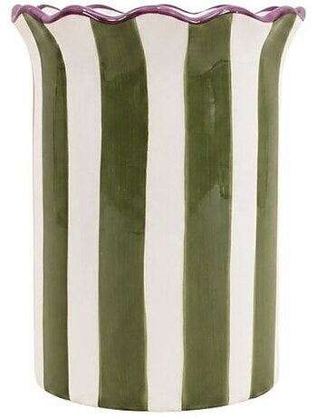 Vase en céramique rayé vert festonné 16x21cm