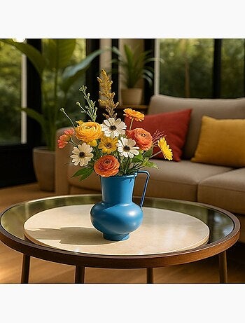Vase en métal bleu avec anse, H17cm