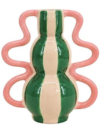 Vase fantaisie rayé en céramique verte et rose, h20 cm