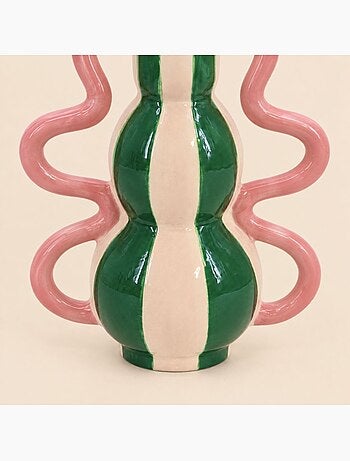 Vase fantaisie rayé en céramique verte et rose, h20 cm