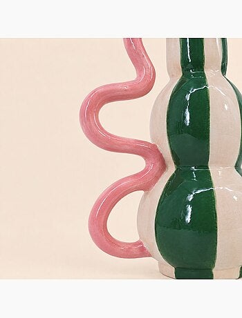 Vase fantaisie rayé en céramique verte et rose, h20 cm