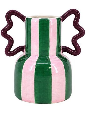 Vase fantaisie rayé vert et rose en céramique, h21cm