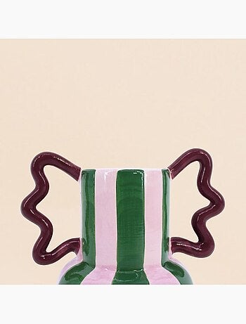 Vase fantaisie rayé vert et rose en céramique, h21cm