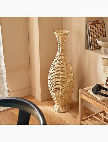 Vase haut tressé en papier sur structure fonte CLAY