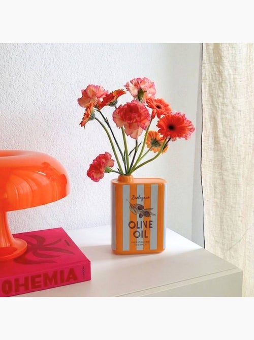 Vase huile d'olive rayé orange, blanc en faïence 17cm - Kiabi