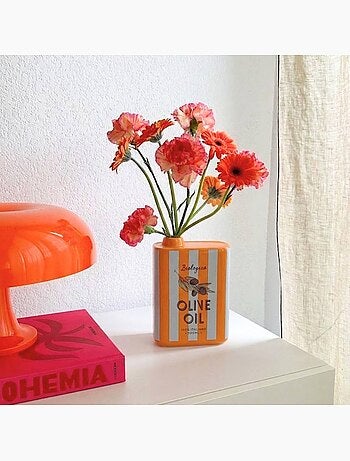 Vase huile d'olive rayé orange et blanc en faïence, H17cm