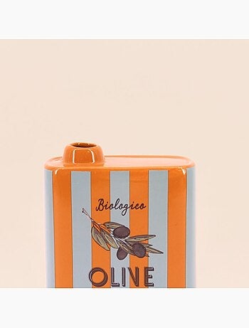 Vase huile d'olive rayé orange et blanc en faïence, H17cm