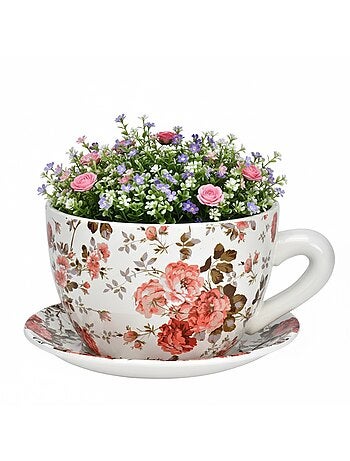 Vase ou cache pot en forme de tasse fleuries