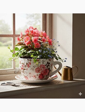 Vase ou cache pot en forme de tasse fleuries