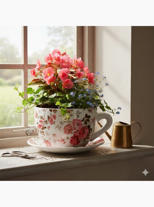 Vase ou cache pot en forme de tasse fleuries - Kiabi