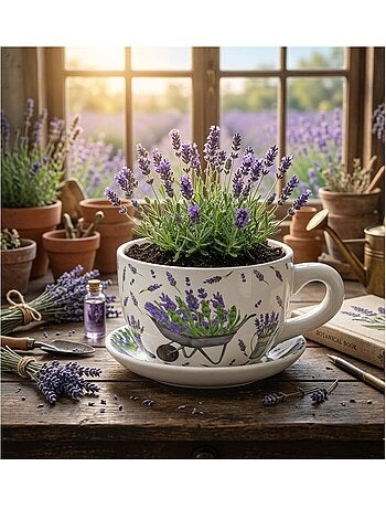 Vase ou pot de fleurs en forme de tasse décor lavande