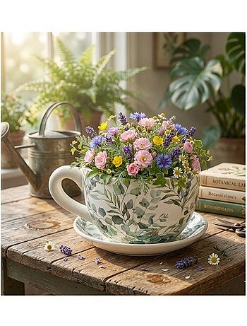 Vase ou pot de fleurs en forme de tasse feuilles d'eucalyptus