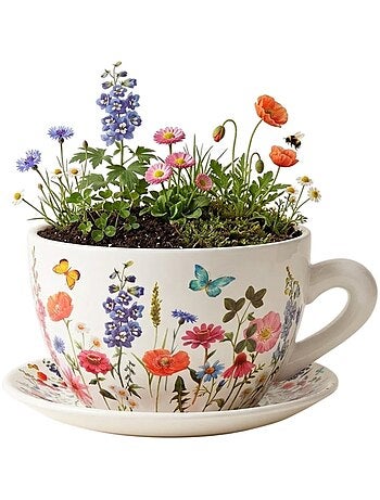 Vase ou pot de fleurs en forme de tasse Fleurie