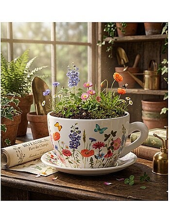 Vase ou pot de fleurs en forme de tasse Fleurie