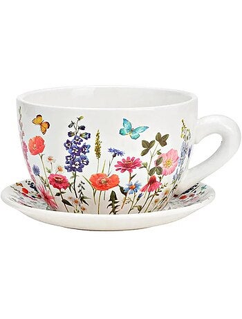 Vase ou pot de fleurs en forme de tasse Fleurie