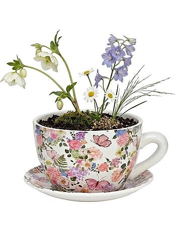 Vase ou pot de fleurs en forme de tasse fleurs et papillons