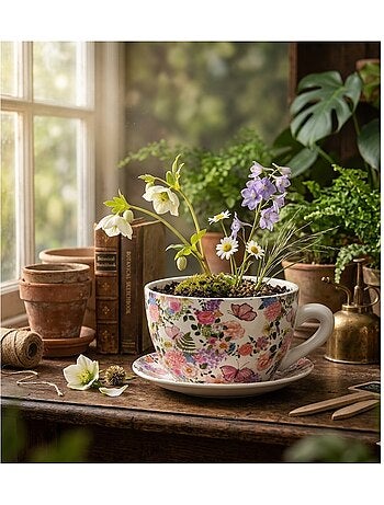 Vase ou pot de fleurs en forme de tasse fleurs et papillons