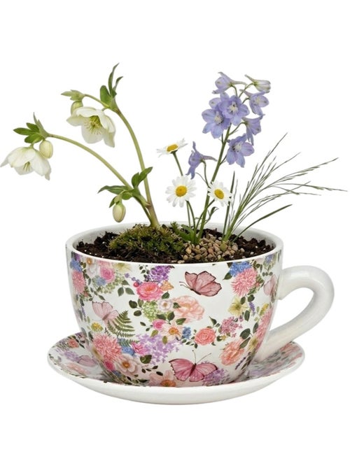 Vase ou pot de fleurs en forme de tasse fleurs et papillons - Kiabi