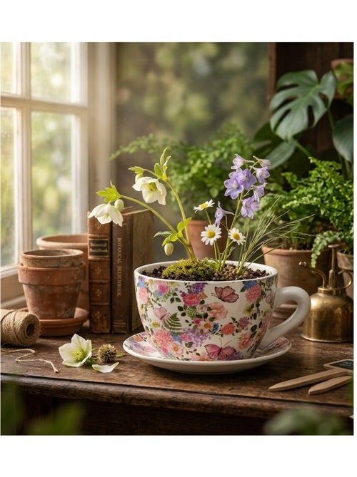 Vase ou pot de fleurs en forme de tasse fleurs et papillons - Kiabi