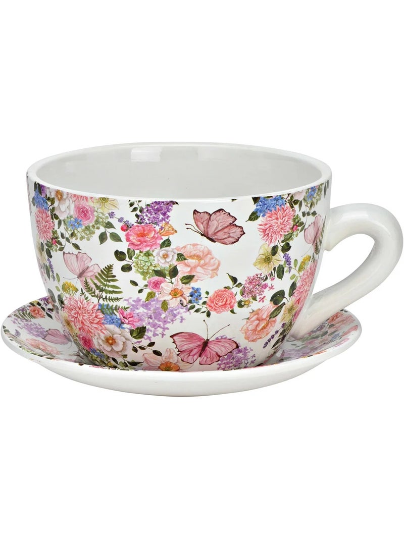 Vase ou pot de fleurs en forme de tasse fleurs et papillons Blanc - Kiabi