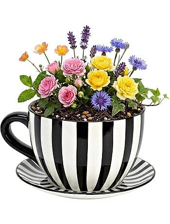 Vase ou pot de fleurs en forme de tasse rayée noir et blanc
