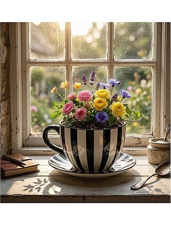 Vase ou pot de fleurs en forme de tasse rayée noir et blanc