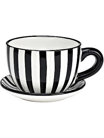 Vase ou pot de fleurs en forme de tasse rayée noir et blanc