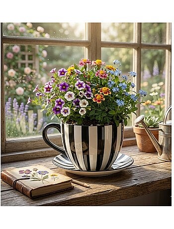 Vase ou pot de fleurs en forme de tasse rayée