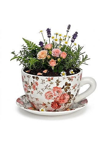 Vase ou pot de fleurs en forme de tasse roses