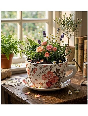 Vase ou pot de fleurs en forme de tasse roses