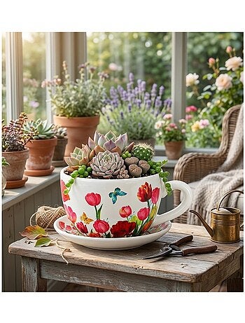 Vase ou pot de fleurs en forme de tasse tulipes