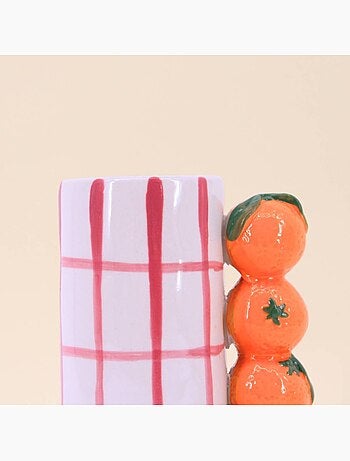 Vase quadrillé rose, et mandarines en relief 18cm