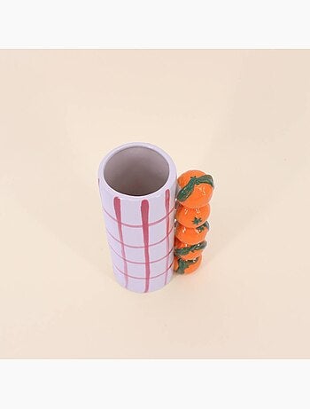 Vase quadrillé rose, et mandarines en relief 18cm