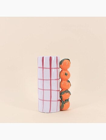 Vase quadrillé rose, et mandarines en relief, H18cm