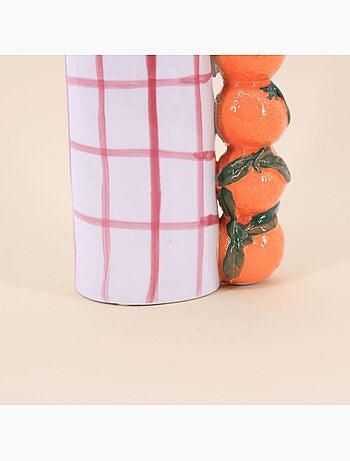 Vase quadrillé rose, et mandarines en relief, H18cm
