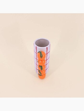 Vase quadrillé rose, et mandarines en relief, H18cm