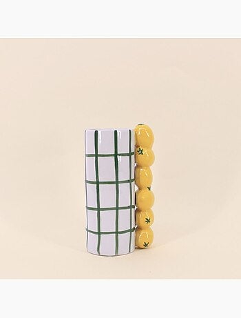 Vase quadrillé vert, citrons en relief 18cm