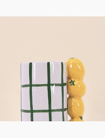 Vase quadrillé vert, citrons en relief 18cm