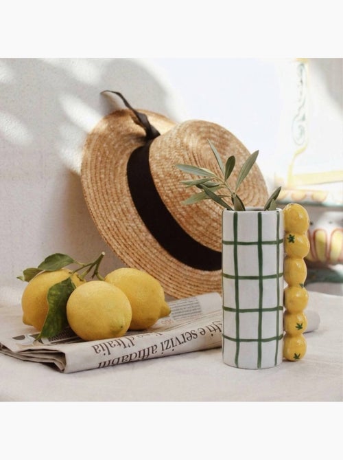 Vase quadrillé vert, citrons en relief 18cm - Kiabi