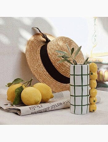 Vase quadrillé vert, citrons en relief, H18cm