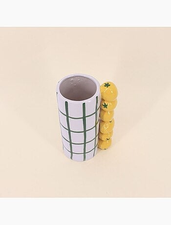 Vase quadrillé vert, citrons en relief, H18cm