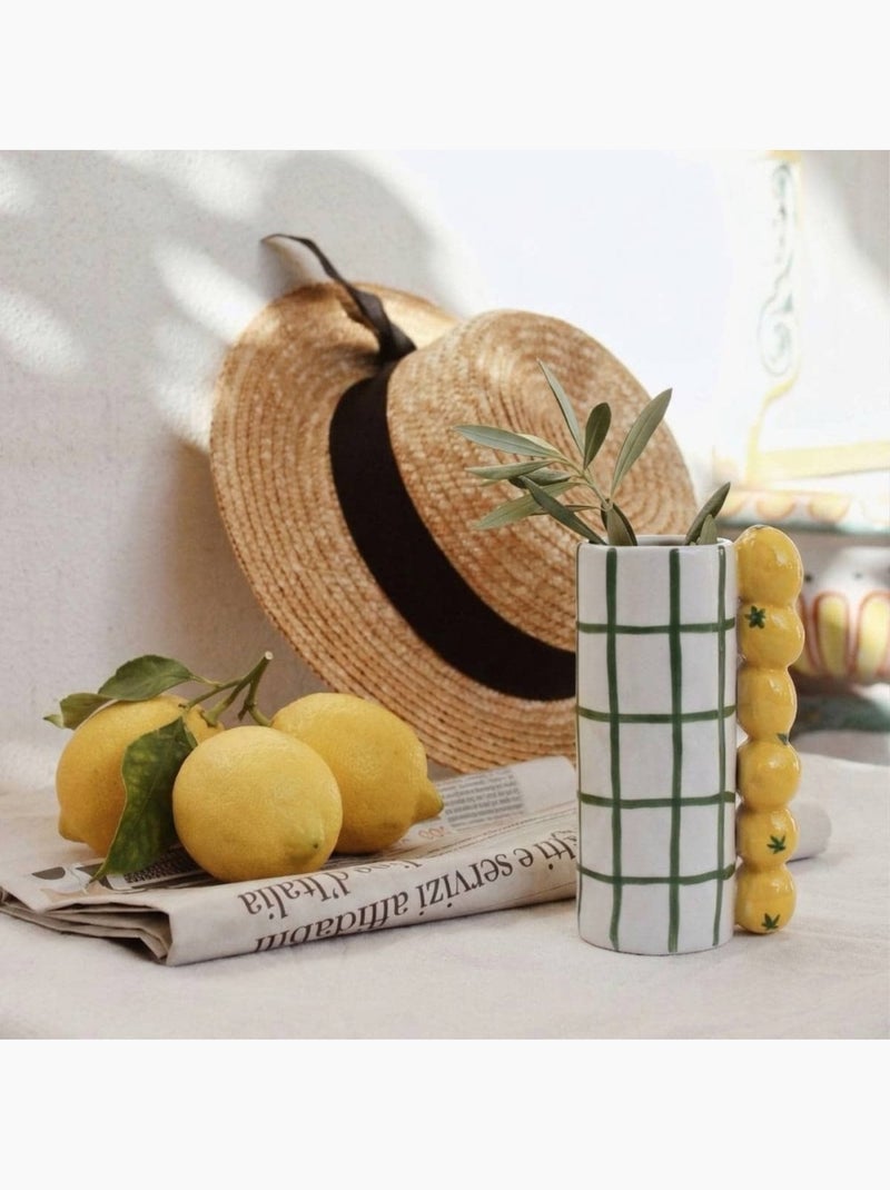 Vase quadrillé vert, citrons en relief, H18cm Jaune - Kiabi
