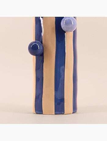 Vase rayé bleu / écru avec perles 25cm