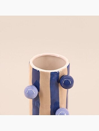 Vase rayé bleu / écru avec perles 25cm