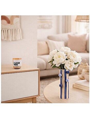 Vase rayé bleu / écru avec perles 25cm